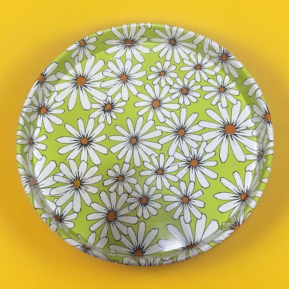 Vintage Cheinco HTF Lime Green & White Daisy 60s 70s Metal Tin Serving Tray 14”